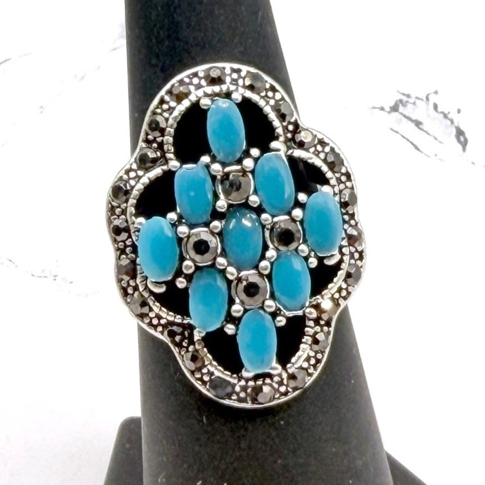 Boho Turquoise Color Marcasite Look Silver Ring Size 6